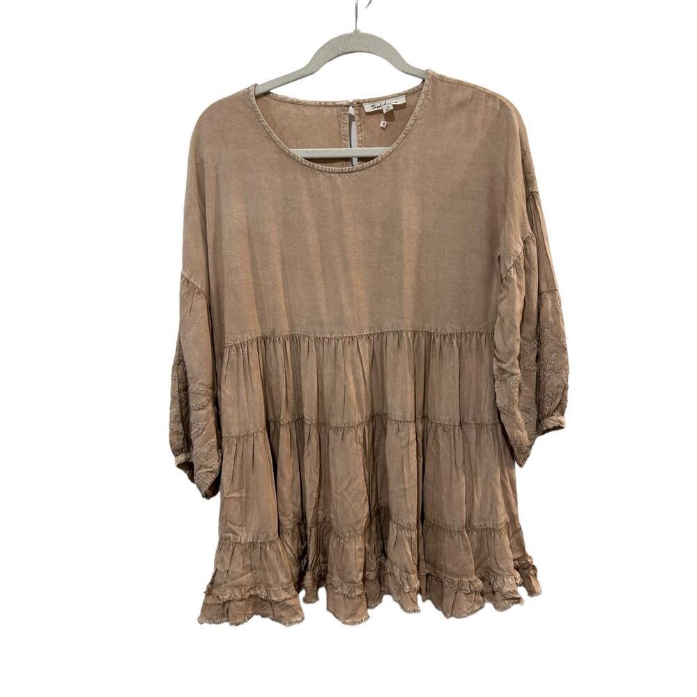 Solitaire Embroidered gold Tan Peplum Bohemian 2/4 Sleeve Blouse Size M